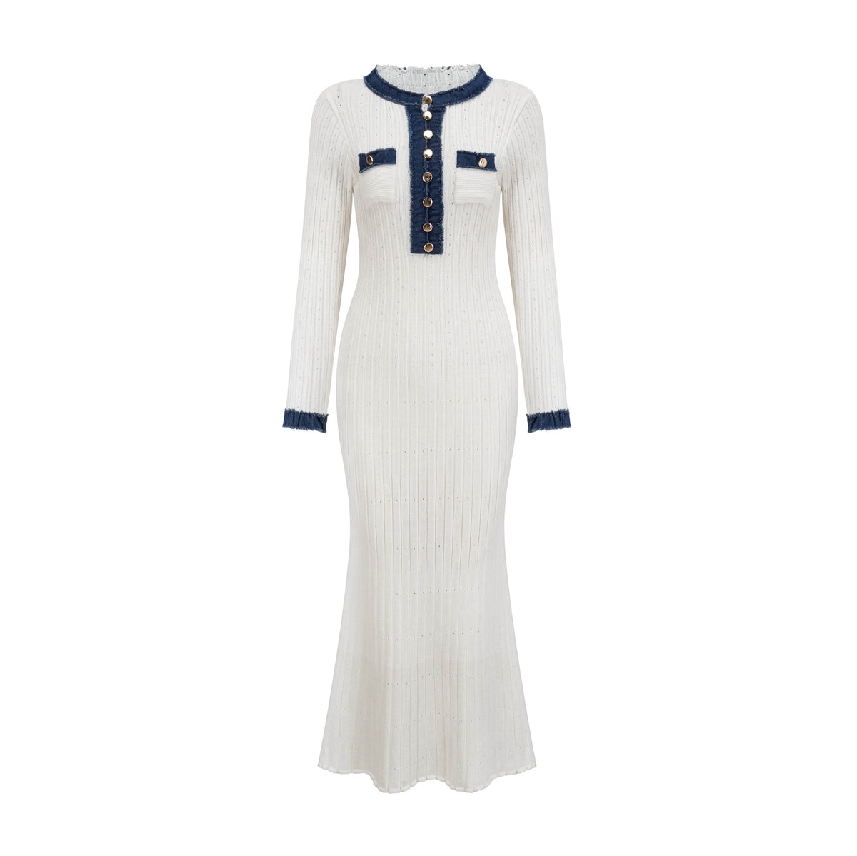 White long-sleeve contrast-trim dress — original CJ supplier color reference