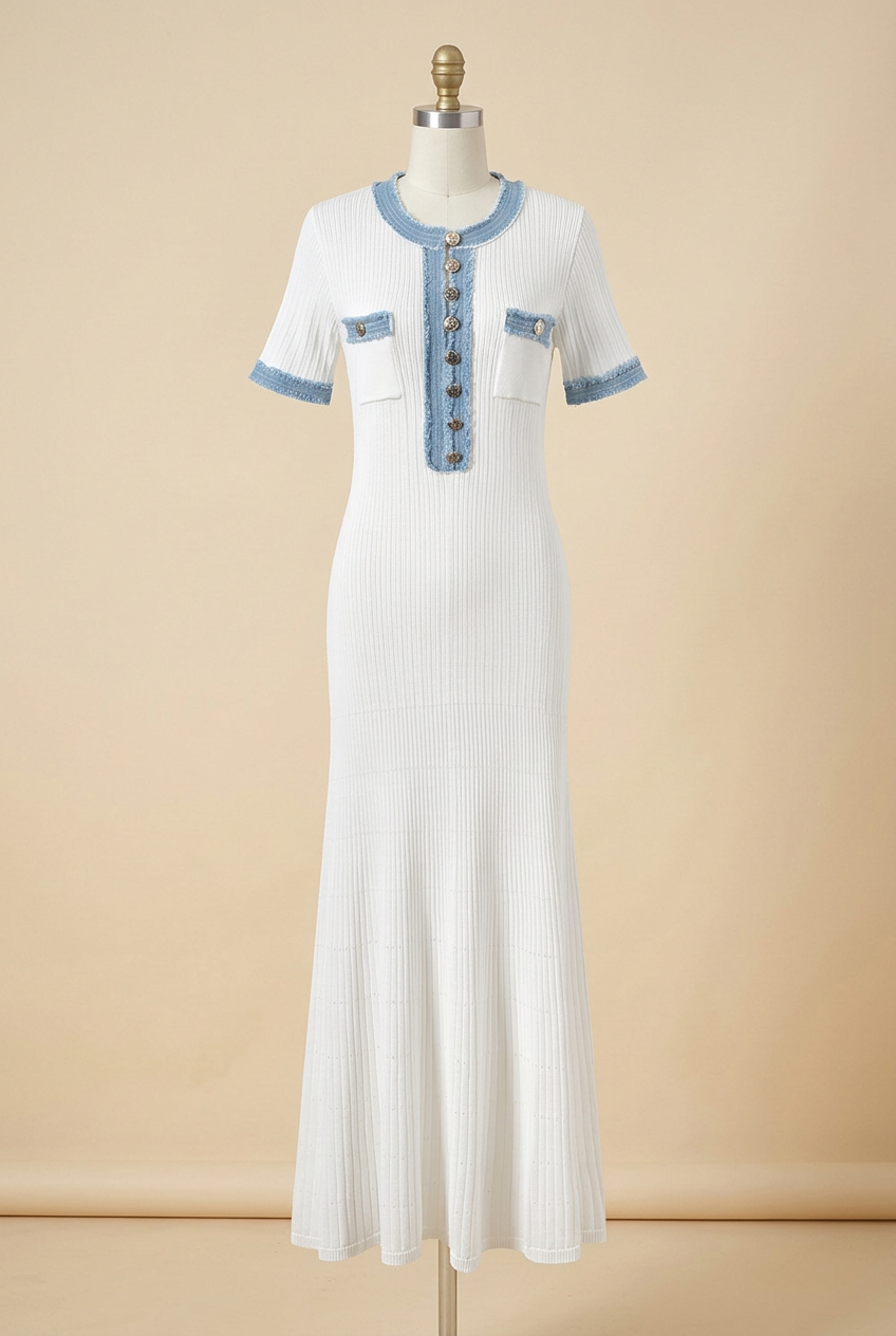 White short-sleeve ribbed knit dress with pale-blue contrast trim on an ivory studio dress form