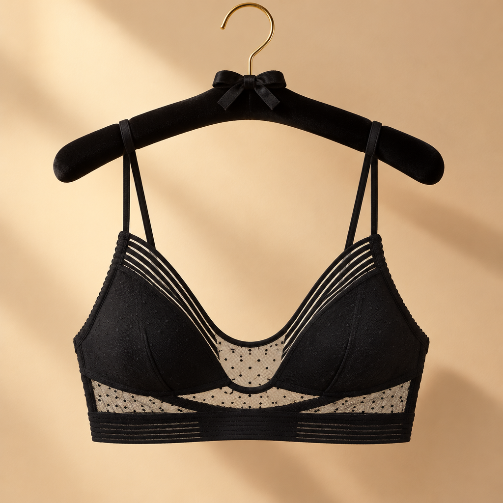 Black low-back lace wireless bra hanging on a black velvet hanger against a warm beige studio backdrop