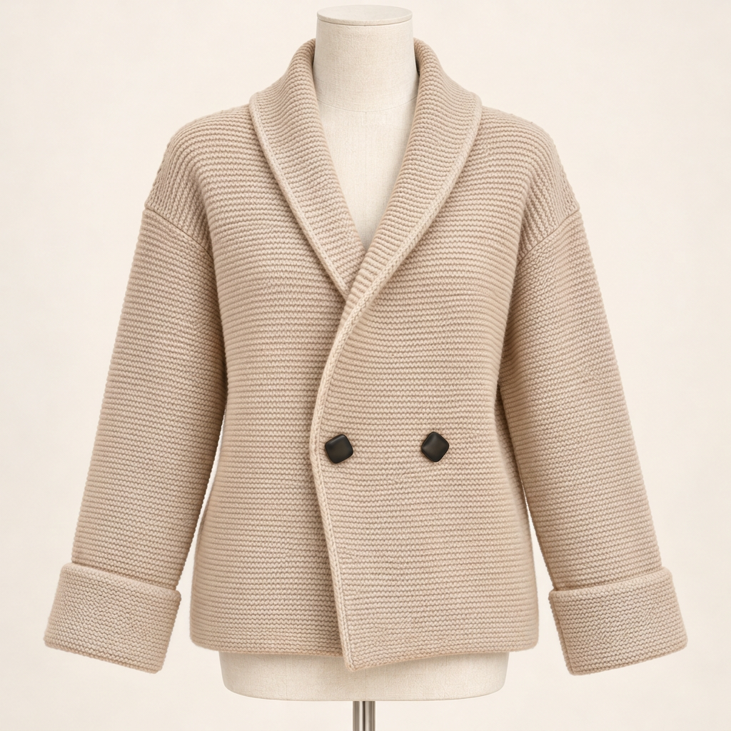 Camille ribbed knit cardigan in beige, studio front view