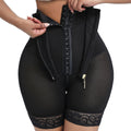 Black high-waist shaper shorts with front zipper, hook fastening and lace leg trim — CJ supplier photo
